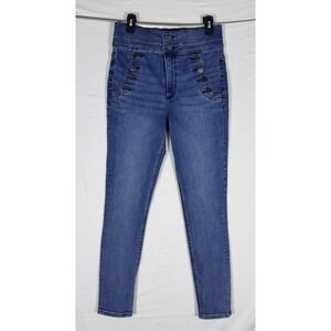 Express Super High Rise Ankle Legging Jeans Women's 6R Stretch Blue Denim Button